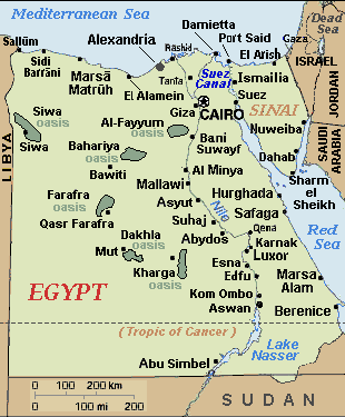 Map of Egypt with town of Aswan and border with Sudan